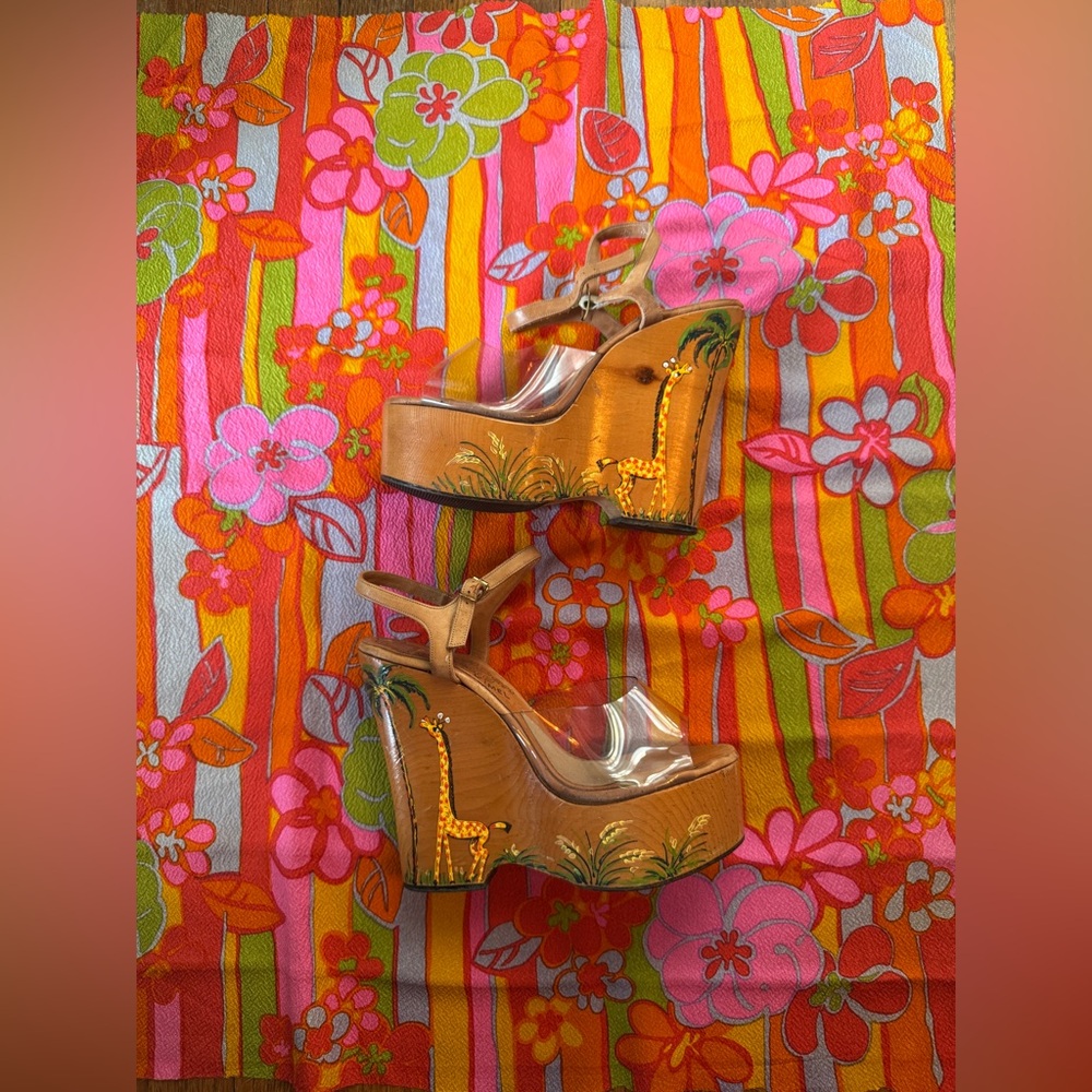 70s Vintage Wooden Wonder Wedge w Clear Vamp and Painted Details Sz 7 - Picture 2 of 13